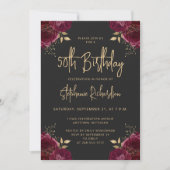 Burgundy Gold Floral Dark 50th Birthday Party Einladung (Vorderseite)