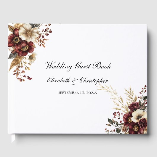 Burgundy Gold Floral Elegante Hochzeit Gästebuch (Vorderseite)