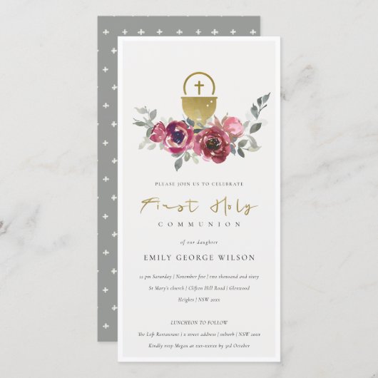 BURGUNDY GOLD FLORAL ERSTER HOLY COMMUNION INVITE DANKESKARTE (Vorne/Hinten)