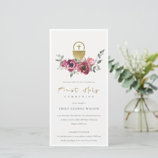 BURGUNDY GOLD FLORAL ERSTER HOLY COMMUNION INVITE DANKESKARTE (Stehend Vorderseite)