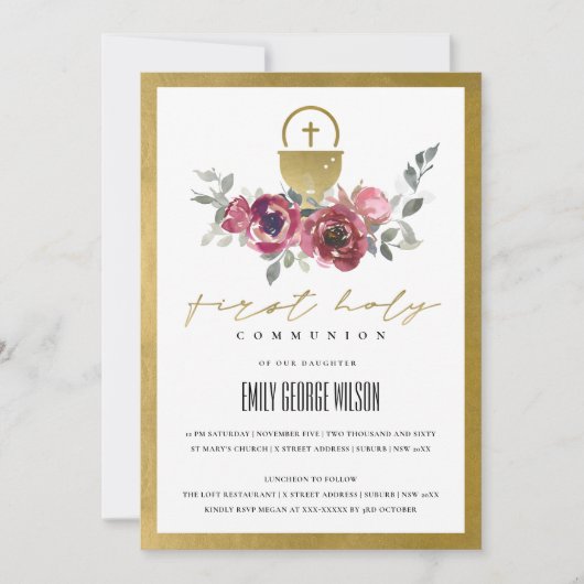 BURGUNDY GOLD FLORAL ERSTER HOLY COMMUNION INVITE DANKESKARTE (Vorderseite)