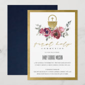 BURGUNDY GOLD FLORAL ERSTER HOLY COMMUNION INVITE DANKESKARTE (Vorne/Hinten)