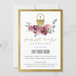BURGUNDY GOLD FLORAL ERSTER HOLY COMMUNION INVITE DANKESKARTE