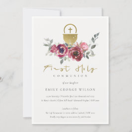BURGUNDY GOLD FLORAL ERSTER HOLY COMMUNION INVITE DANKESKARTE