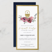 BURGUNDY GOLD FLORAL ERSTER HOLY COMMUNION INVITE DANKESKARTE (Vorne/Hinten)