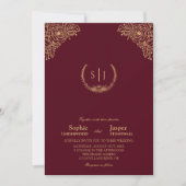 Burgundy Gold Floral Formal Monogram Wedding Einladung (Vorderseite)