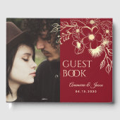 Burgundy Gold Floral Foto Wedding Gästebuch (Vorderseite)