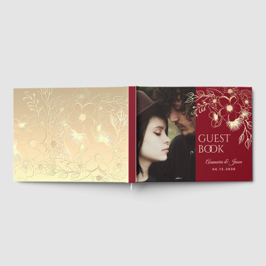Burgundy Gold Floral Foto Wedding Gästebuch (Voll)