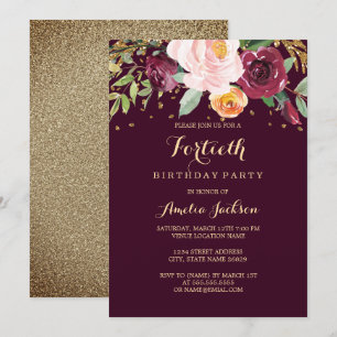 Burgundy Gold Floral Glitzer 40. Geburtstag Party Einladung