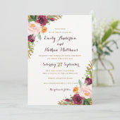 Burgundy Gold Floral Glitzer Hochzeit Einladung (Stehend Vorderseite)