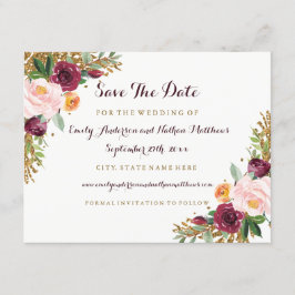 Burgundy Gold Floral Glitzer Hochzeit speichern da Save The Date