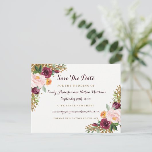 Burgundy Gold Floral Glitzer Hochzeit speichern da Save The Date (Stehend Vorderseite)