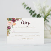 Burgundy Gold Floral Glitzer Wedding RSVP (Stehend Vorderseite)