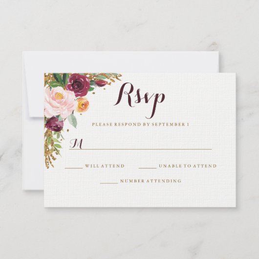 Burgundy Gold Floral Glitzer Wedding RSVP Karte (Vorderseite)