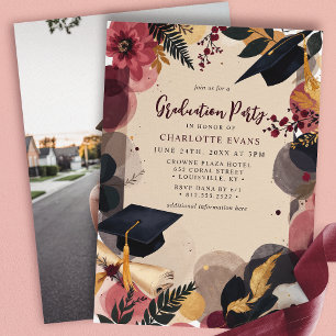 Burgundy Gold Floral Graduation Party Einladung