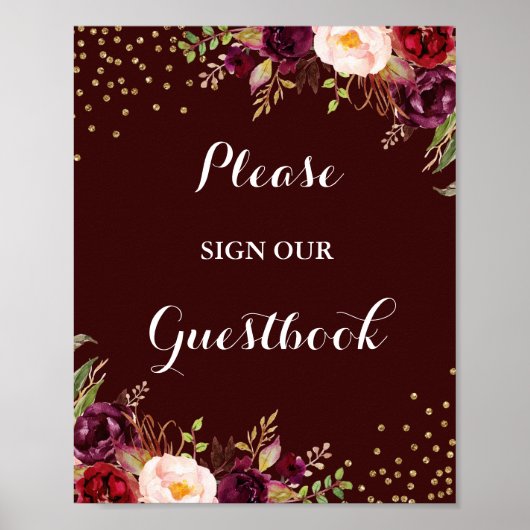Burgundy Gold Floral Guestbook Wedding Sign Poster (Vorne)