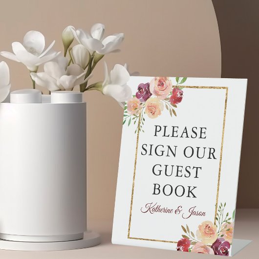 Burgundy Gold Floral Herbst Gästebuch Sockelschild