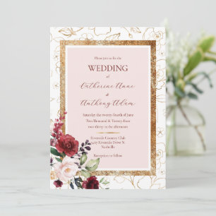Burgundy Gold Floral Moderne Hochzeit Einladung