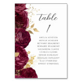 Burgundy Gold Floral Moderne Skripthochzeit Tischnummer (Vorderseite)