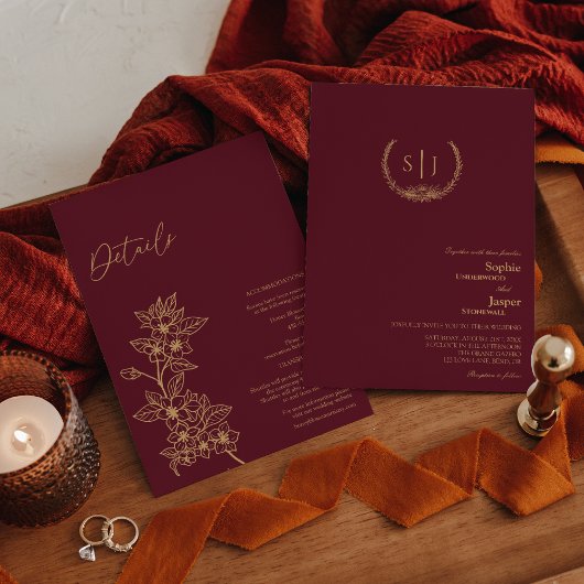 Burgundy Gold Floral Monogram Einladung