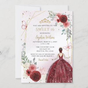 Burgundy Gold Floral Princess Sweet 16 Einladung