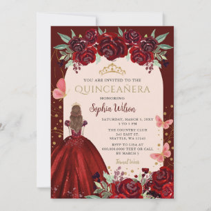 Burgundy Gold Floral Prinzessin Quinceañera Quince Einladung