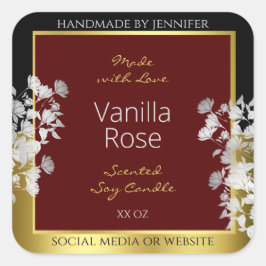 Burgundy Gold Floral Product Labels Silver Blume Quadratischer Aufkleber