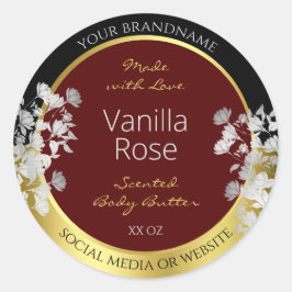 Burgundy Gold Floral Product Labels Silver Blume Runder Aufkleber