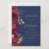 Burgundy Gold Floral QR Code Wedding Einladung (Vorderseite)