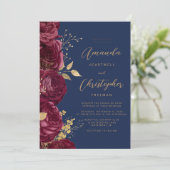 Burgundy Gold Floral QR Code Wedding Einladung (Stehend Vorderseite)