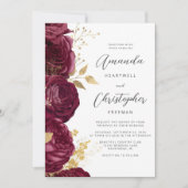 Burgundy Gold Floral QR Code Wedding Einladung (Vorderseite)
