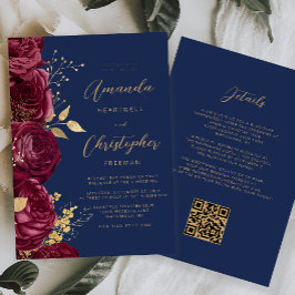 Burgundy Gold Floral QR Code Wedding Einladung