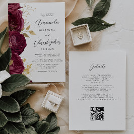Burgundy Gold Floral QR Code Wedding Einladung