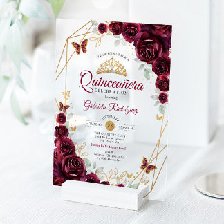 Burgundy Gold Floral Quinceanera Acryleinladungen