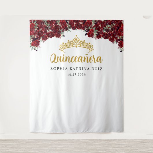 Burgundy Gold Floral Quinceanera Foto Hintergrund Wandteppich (Vorderseite)