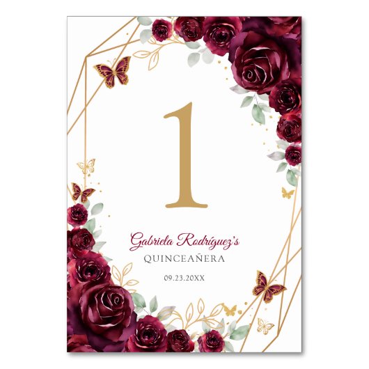 Burgundy Gold Floral Quinceanera Tischnummer (Vorderseite)
