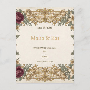 Burgundy Gold Floral Save the Date Ankündigungspostkarte