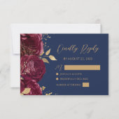 Burgundy Gold Floral Script Navy Blue Wedding RSVP Karte (Vorderseite)