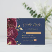 Burgundy Gold Floral Script Navy Blue Wedding RSVP Karte (Stehend Vorderseite)