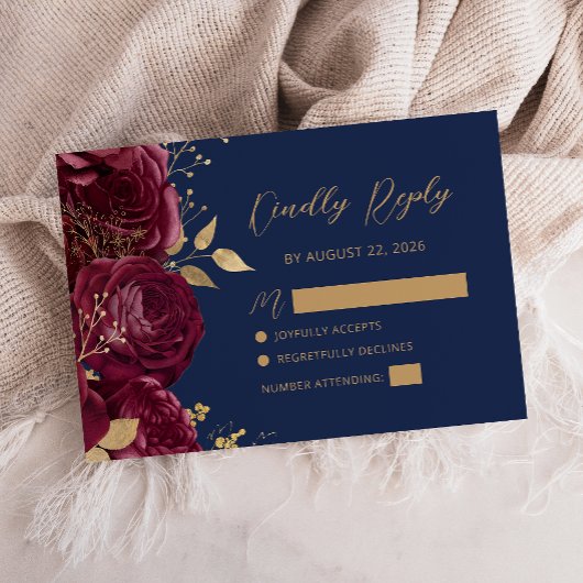 Burgundy Gold Floral Script Navy Blue Wedding RSVP Karte