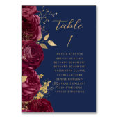 Burgundy Gold Floral Script Navy Blue Wedding Tischnummer (Rückseite)
