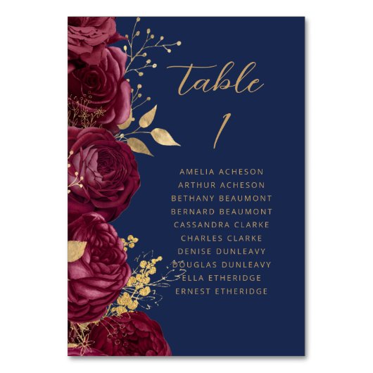 Burgundy Gold Floral Script Navy Blue Wedding Tischnummer (Rückseite)