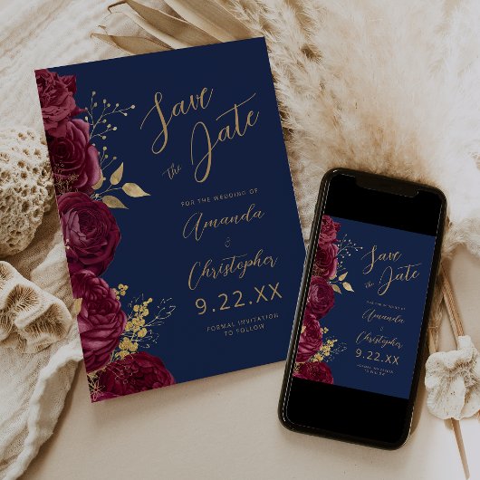 Burgundy Gold Floral Script Navy Save the Date Ankündigung