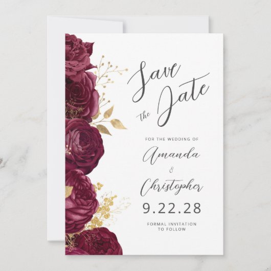 Burgundy Gold Floral Script Save the Date Ankündigung (Vorderseite)