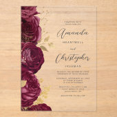 Burgundy Gold Floral Script Wedding Acryleinladungen (Vorderseite)