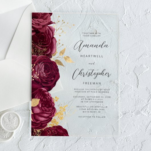 Burgundy Gold Floral Script Wedding Acryleinladungen