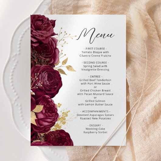 Burgundy Gold Floral Script Wedding Menükarte