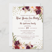 Burgundy Gold Floral Silvester Party laden Einladung (Vorderseite)