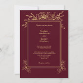 Burgundy Gold Floral Simple Foto Wedding Einladung (Vorderseite)