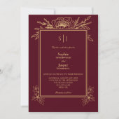 Burgundy Gold Floral Simple Monogram Foto Wedding Einladung (Vorderseite)